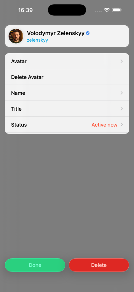 A profile editor interface in the Faker 2 app showing options to customize the name, avatar, and status of a fake contact.