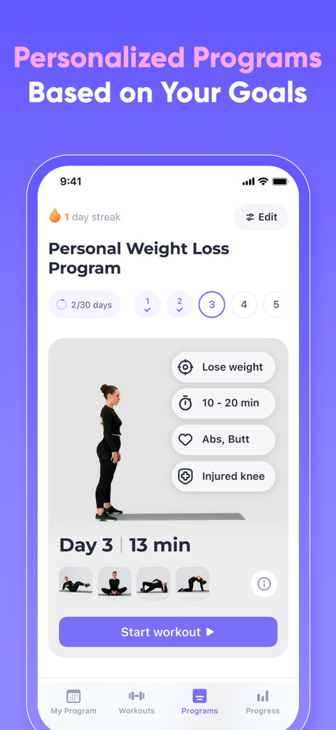 FitMe app interface showing a personalized weight loss program with specific goals like injured knee and target areas