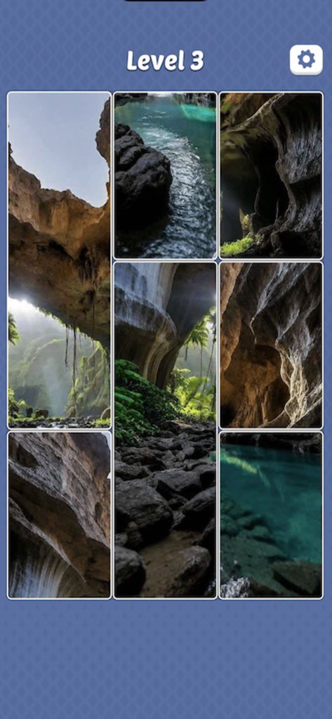 Jigsolitaire - Jigsaw Puzzle - 9ピースの自然風景（洞窟と水）を特徴とするジグソーパズルゲームのレベル3。