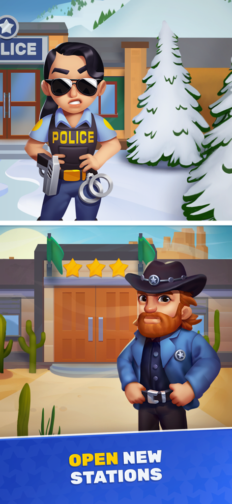 Police Department Tycoon - Cartoon police officers in front of winter and desert police stations with text saying open new stations
