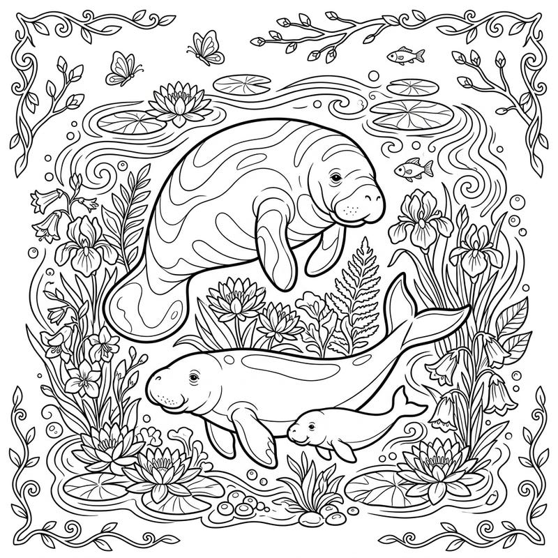 Explore the serene beauty of spring with our charming manatees and dugongs coloring page. This delightful scene invites you to bring an underwater world to life with your favorite colors.