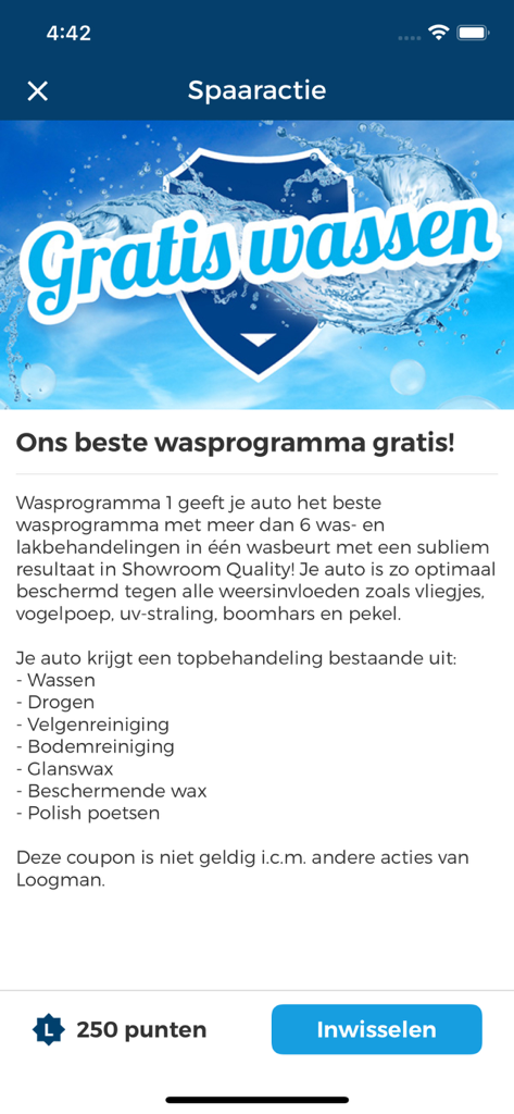 Loogman WasApp interface showing a loyalty reward for a free premium car wash redeemable for 250 points.