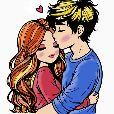 a realistic couple boy and girl hugging and kissing