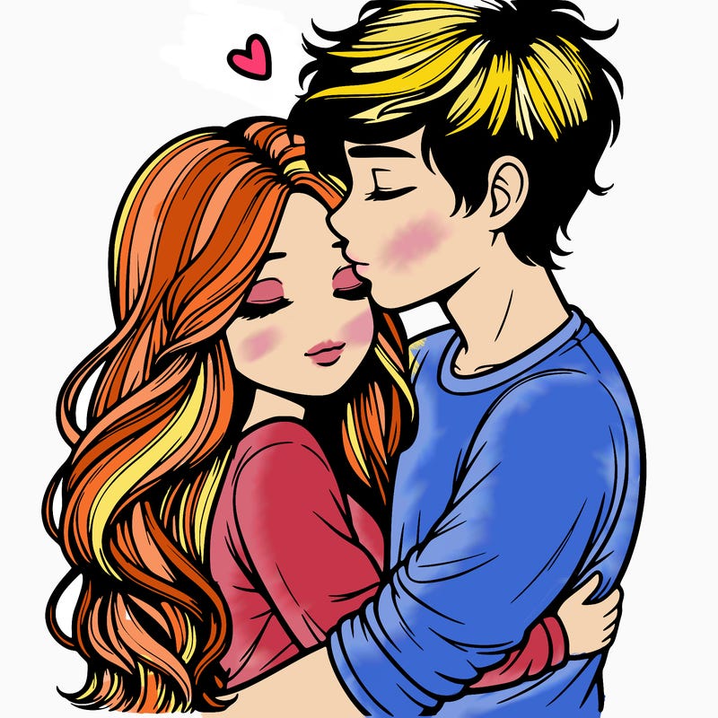 a realistic couple boy and girl hugging and kissing