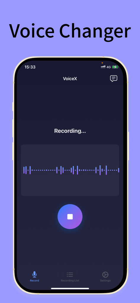 VoiceX - AI voice changer - VoiceX AIボイスチェンジャーアプリのインターフェース。波形表示付きのリアルタイムオーディオ録音セッションを表示しています。