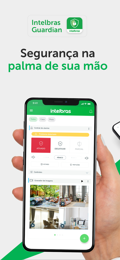 Intelbras Guardian mobile app interface showing alarm system controls and live CCTV camera views