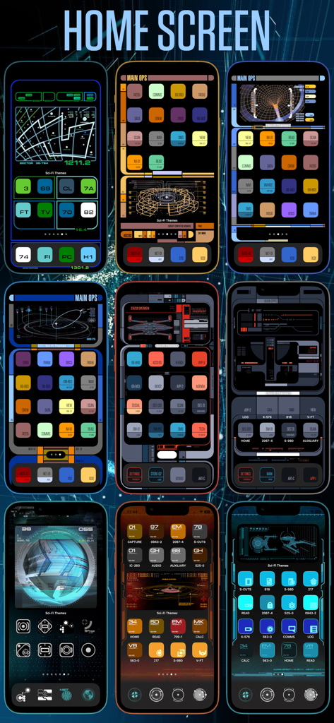 Sci-Fi Themes - Nine iPhones showing various sci-fi themed home screen layouts and futuristic widgets