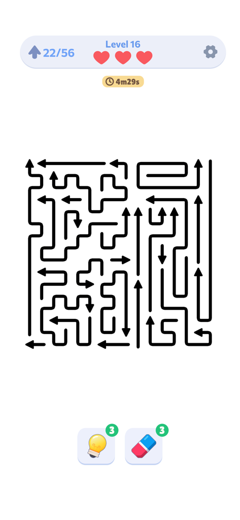 Arrow Jam Escape - A logic puzzle from Arrow Jam Escape featuring a complex maze of black arrows on a white background with a timer and health hearts.