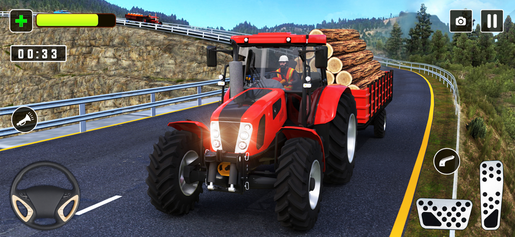 Tractor Games Trailer Pull 3D - Um trator vermelho puxando um reboque carregado com toras em uma estrada de montanha sinuosa em um jogo de simulação 3D