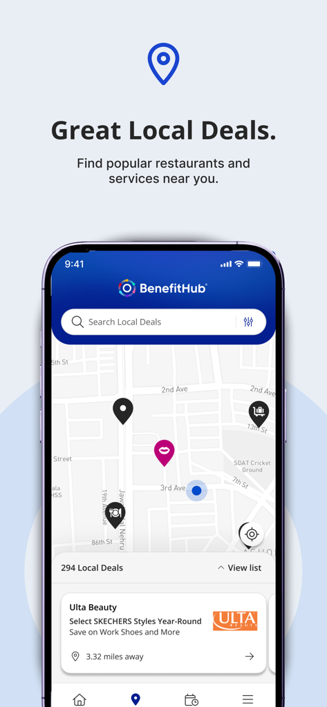 BenefitHub app interface showing a map of local deals and discounts near the user location.