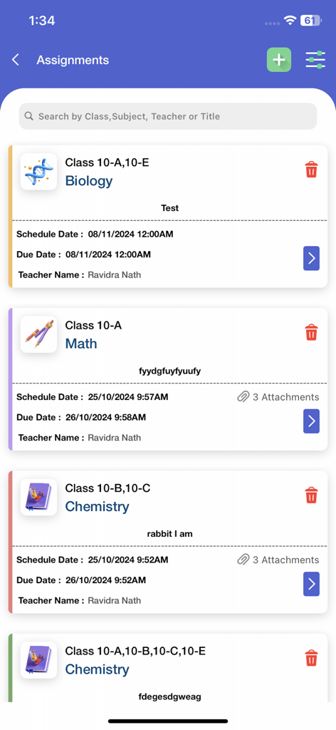 Lista de tareas en la aplicación CampusCare 10x que muestra tareas de biología, matemáticas y química con nombres de profesores y fechas de vencimiento
