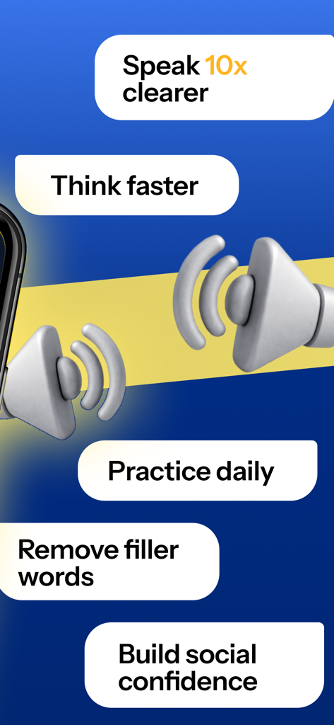 Radiant: Speaking Challenges - Graphic showing benefits of the Radiant app including speaking clearer, thinking faster, and removing filler words to build social confidence.