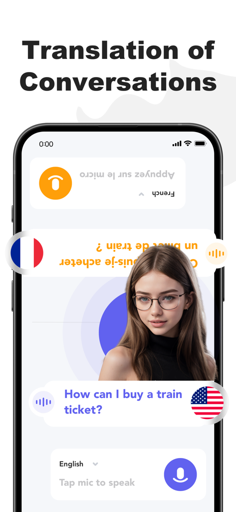 Daily Translate: AI Text Voice - 데일리 번역 앱 인터페이스에는 영어와 프랑스어 사용자의 실시간 대화 번역이 표시됩니다.