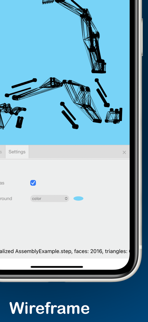 STEPファイルビューアモバイルアプリ内でワイヤーフレームモードで表示された3D機械モデル。