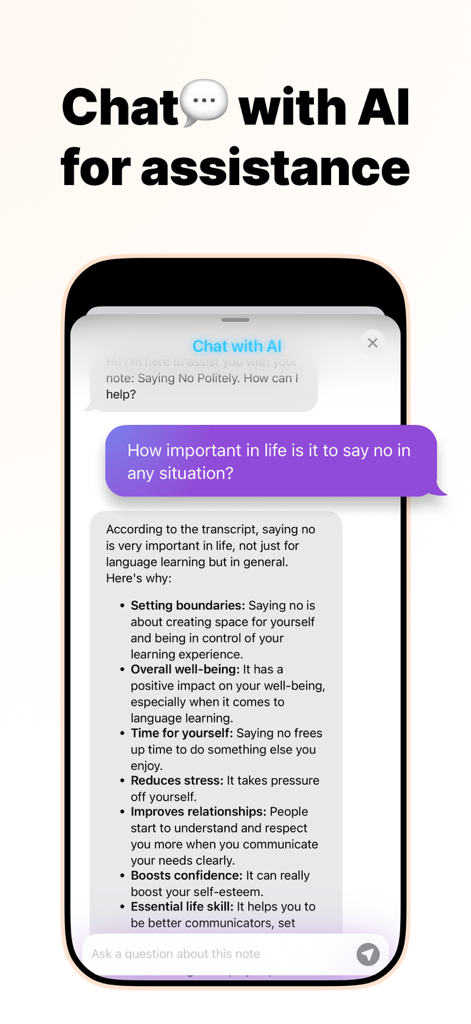 AI Note Taker: Voice & Video - AI Note Taker app screenshot showing the AI chat assistant feature answering questions based on transcribed notes.