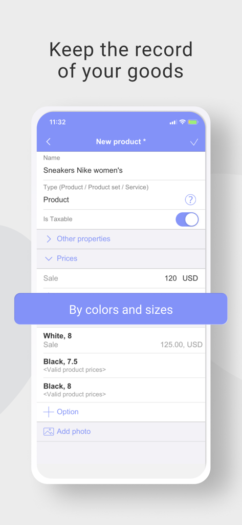 BOSS Small Business Accounting - Tela do aplicativo BOSS Contabilidade para Pequenas Empresas para gerenciar estoque de produtos com variações de tamanho e cor