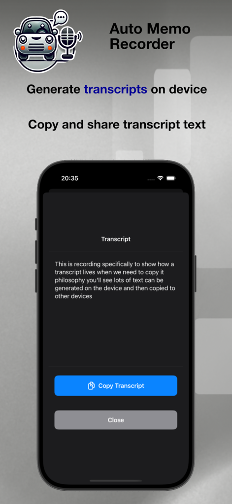Auto Memo Recorder - Interfaz de iPhone mostrando una transcripción de texto en el dispositivo de una nota de voz con un botón de copiar