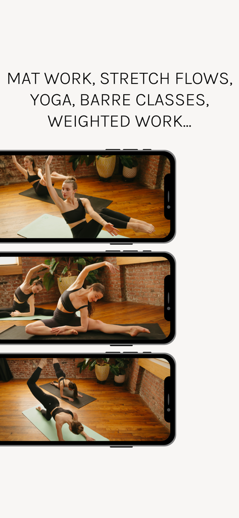 Drei mobile Bildschirme, die verschiedene Bodenübungen, Dehn- und Yogakurse aus der Grace and Form App zeigen