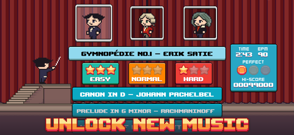 Epic Orchestra - Song selection screen in Epic Orchestra featuring Gymnopédie no.1 by Erik Satie with pixel art graphics.