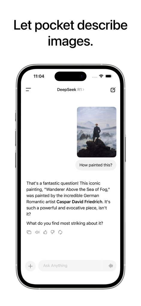 Local AI Chat - pocket - Local AI Chat pocket app screenshot demonstrating image description and identification of the Wanderer Above the Sea of Fog painting
