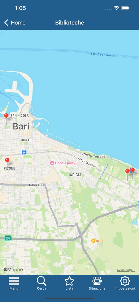 Biblio Teca - Una interfaz de mapa en la aplicación Biblio Teca que muestra varias ubicaciones de bibliotecas marcadas con pines en Bari, Italia.