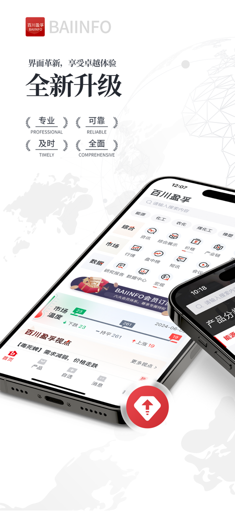 L'écran d'accueil de l'application Baiinfo affichant des renseignements sur le marché et des données pour les matières premières industrielles.