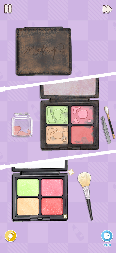 Perfect Clean: Tidy ASMR - Etapas de antes y después de limpiar y organizar una paleta de maquillaje en un satisfactorio juego de puzzles.