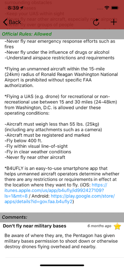 DroneMate - DroneMate app interface displaying official drone flight regulations for Washington DC and user safety comments.