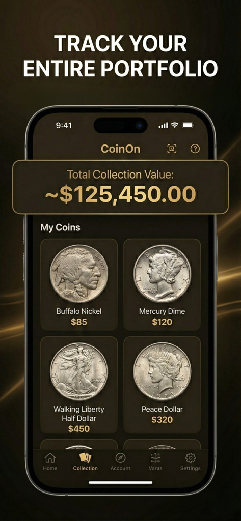 CoinOn - coin value identifier - CoinOn 앱 화면에 코인 컬렉션 포트폴리오와 총 추정 가치 표시