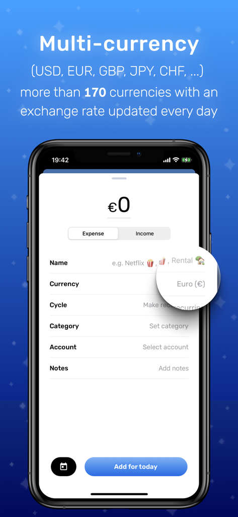Budg app interface for adding a transaction with multi-currency selection and exchange rate details.