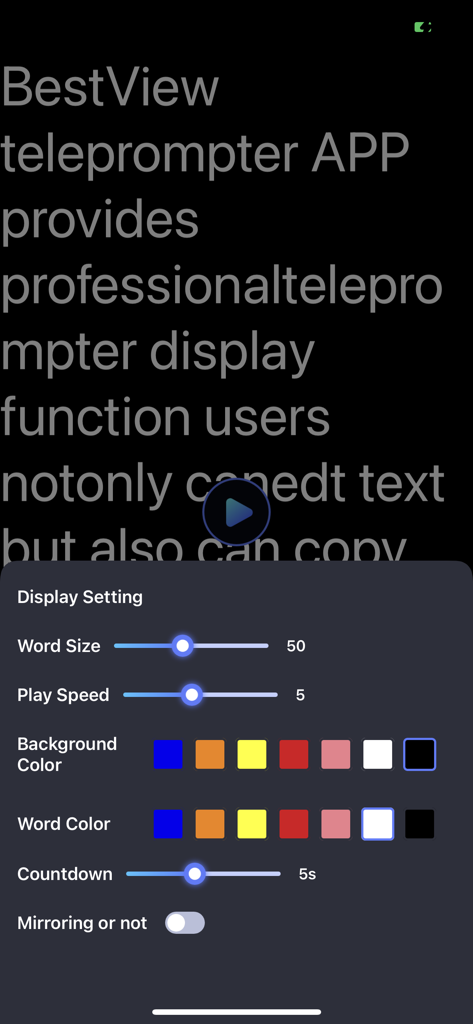 Desview - Interfaccia dell'app teleprompter Desview che mostra le impostazioni di visualizzazione per le dimensioni del testo, la velocità di riproduzione, il colore di sfondo e le opzioni di mirroring.