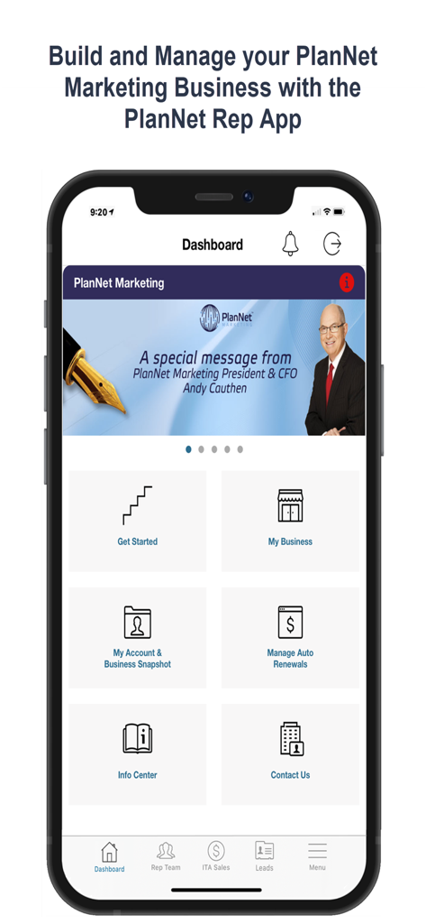 PlanNet Marketing Reps - PlanNet Marketing Reps mobile app dashboard showing various business management features and tools.