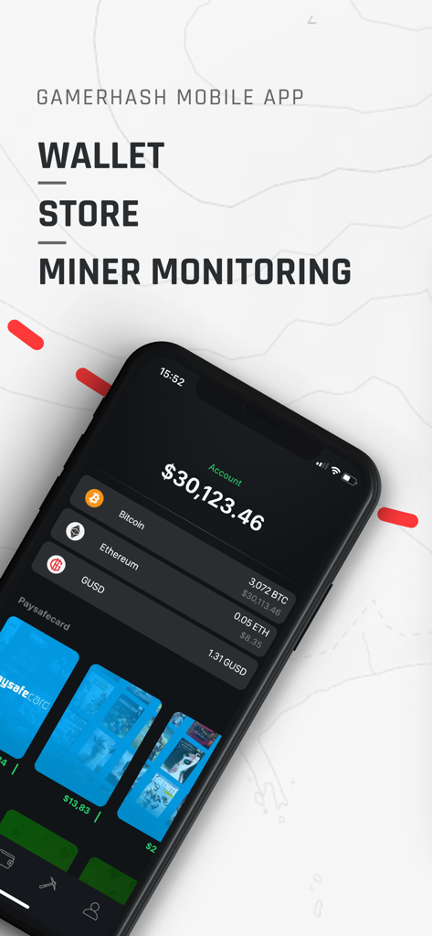 Interfaz de la aplicación móvil GamerHash mostrando el saldo de la billetera de criptomonedas y las opciones de la tienda