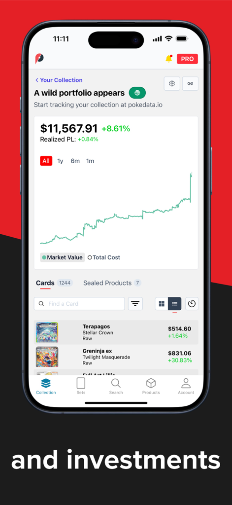 pokedata.io - Smartphone screen showing a Pokemon card collection portfolio with market value and price trends
