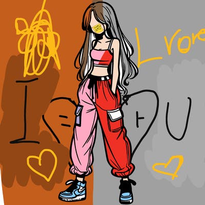 girl in baggy pants crop top and long hair