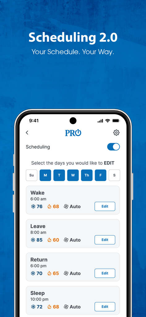 PRO1 Connect - Interface of the PRO1 Connect app showing the thermostat scheduling feature for wake leave return and sleep modes