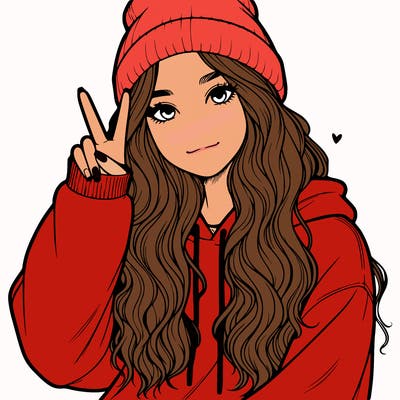 a teenage girl in a beanie, oversized sweatshirt, wavy long hair, and is showing a ✌️