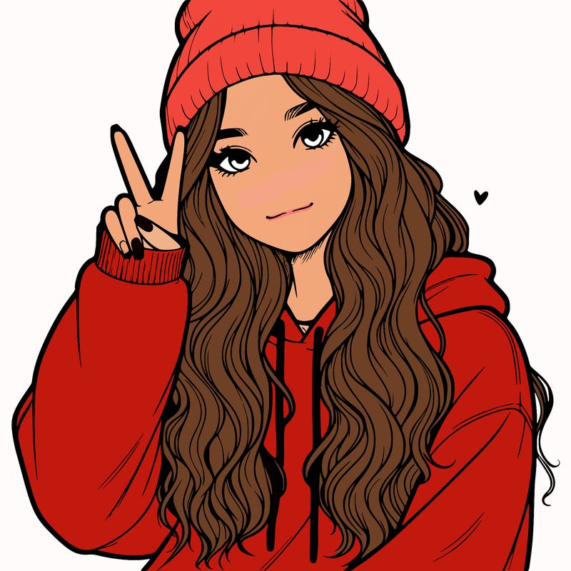 a teenage girl in a beanie, oversized sweatshirt, wavy long hair, and is showing a ✌️