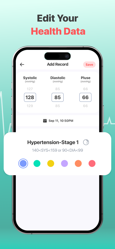 Uma interface de aplicativo móvel para registrar leituras de pressão arterial sistólica e diastólica e pulso com um indicador de status de saúde