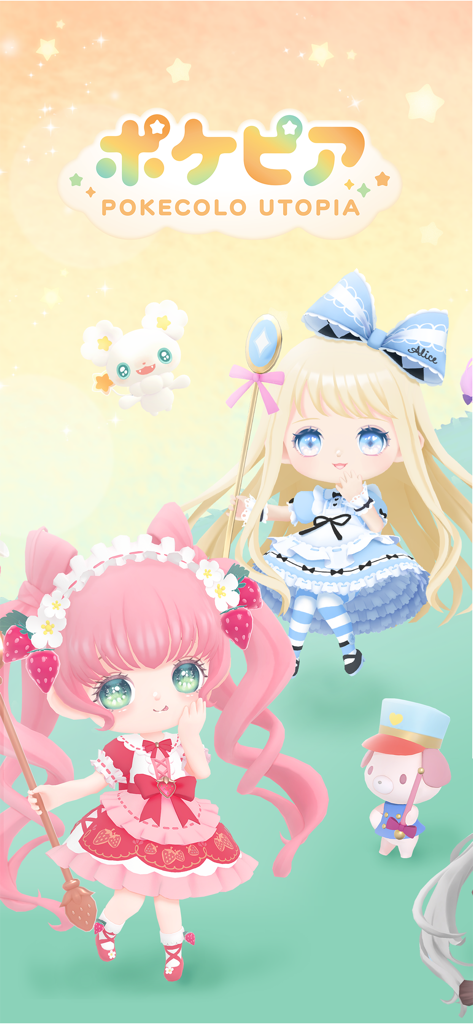 Two cute 3D anime style characters wearing detailed pink and blue fashion outfits in Pokepia.