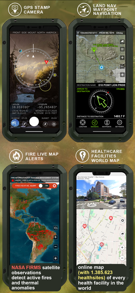Military GPS Survival Kit - Four screenshots of the Military GPS Survival Kit app showing GPS camera land navigation fire alerts and healthcare facilities map