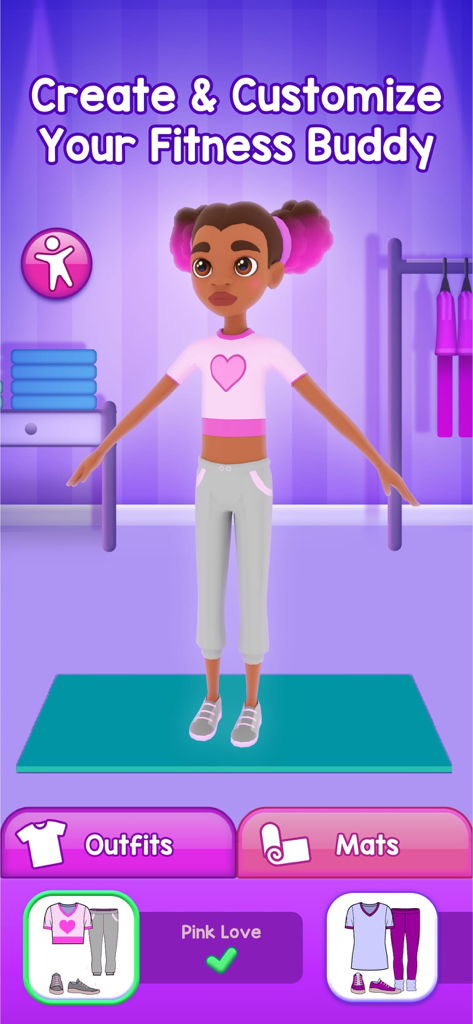 A child-friendly interface for creating and customizing a 3D fitness buddy avatar with different outfits and yoga mats