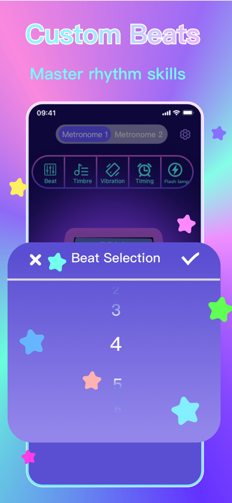 Auto Clicker - Taptap Clicker - Una colorida interfaz de aplicación móvil que muestra la selección de ritmos personalizados y la configuración del metrónomo para el entrenamiento de ritmo.