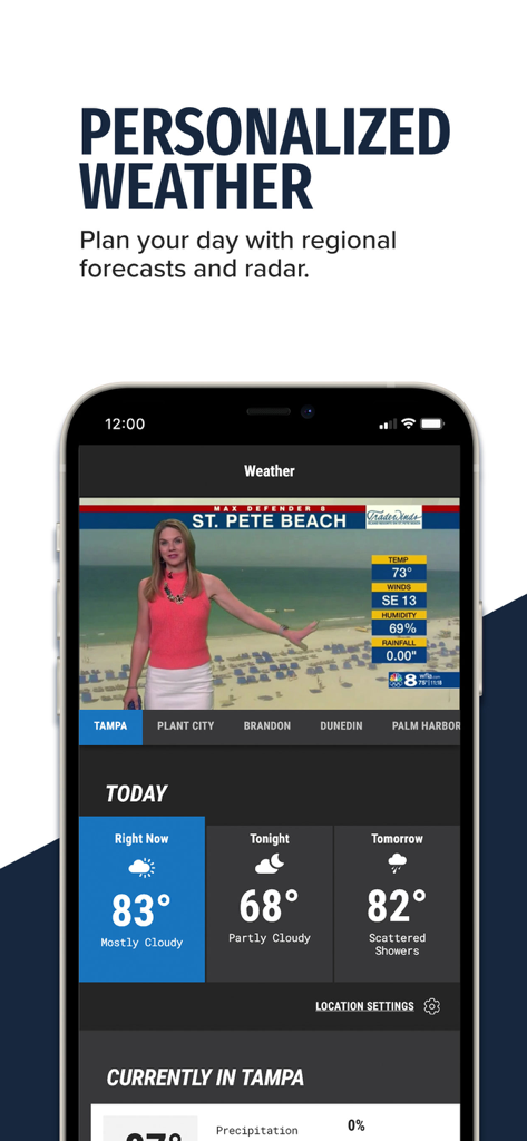 WFLA News Channel 8 - Tampa FL - WFLA News Channel 8 app interface showing a personalized weather forecast for the Tampa Bay area with a local meteorologist and temperature details.