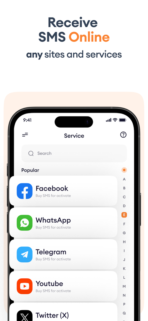 Temp Number - SMS Second Phone - Mobile app interface displaying a list of popular services like Facebook WhatsApp and Telegram for temporary SMS verification