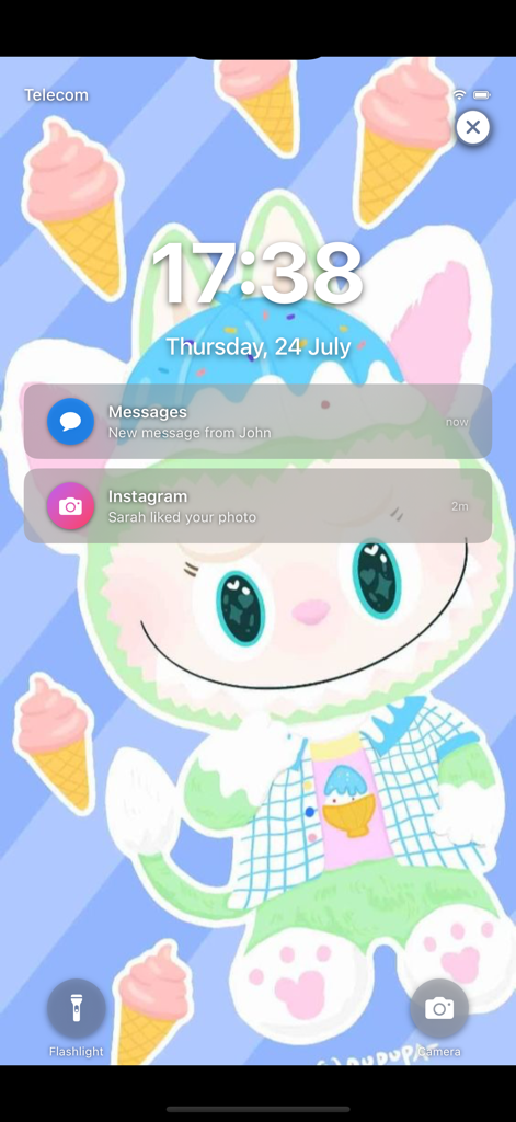 Labobo Wallpapers HD & 4K - iPhone lock screen preview featuring a cute kawaii cartoon character with ice cream cone patterns on a blue aesthetic background