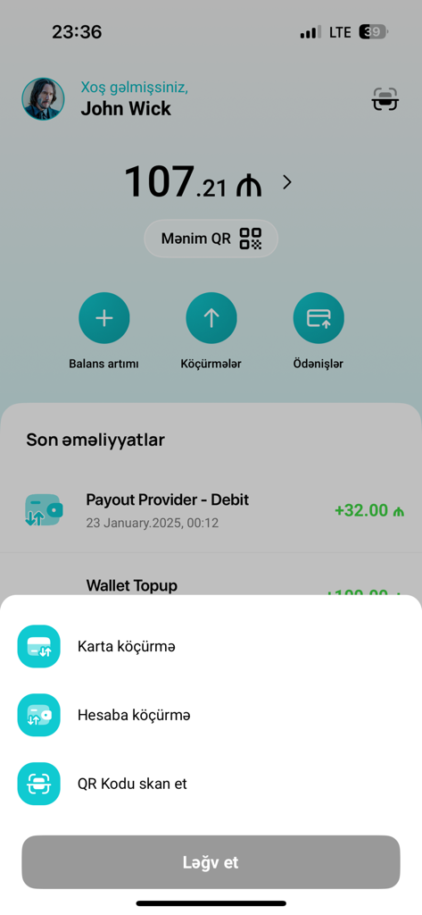 PulPal Wallet app interface showing account balance and money transfer options in Azerbaijani.