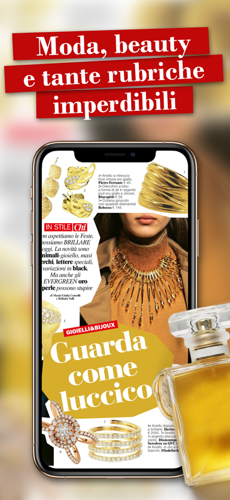 Chi - Écran de smartphone affichant la section mode et bijoux de l'application Chi, avec un flacon de parfum à proximité.