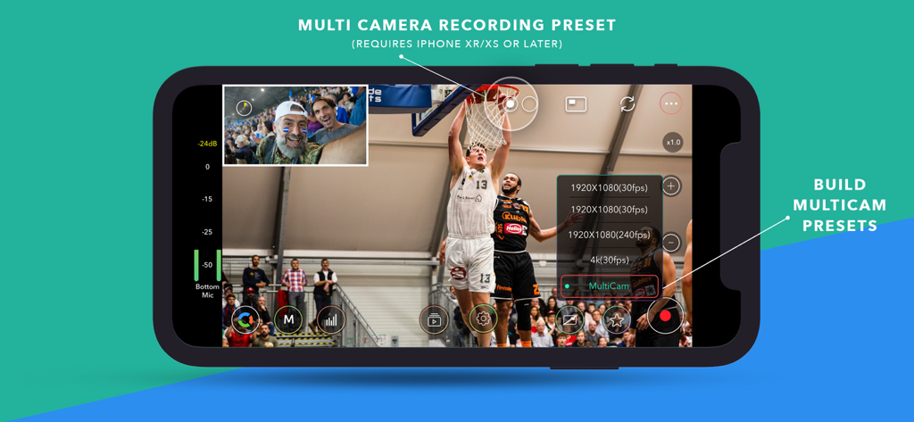 MoviePro app interface demonstrating multi-camera recording with picture-in-picture presets on an iPhone