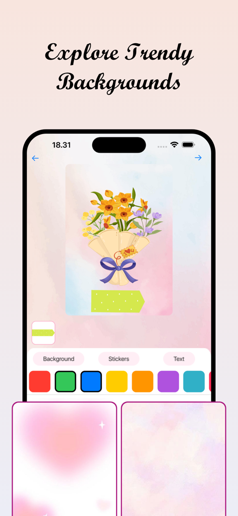 Flower Language: DIY Bouquet - パーソナライズされたフラワーブーケのトレンドの背景を探索および選択するオプションを示すアプリのインターフェース